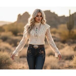 Vintage 1970s  Lace Ruffle Blouse Buttons Up Back